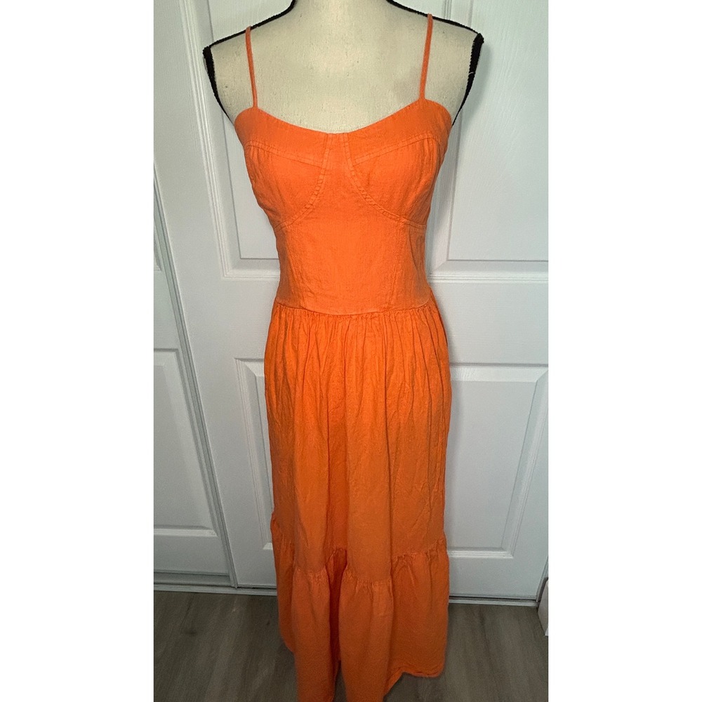 Young Fabulous & Broke Maxi Dress L Orange Linen Tiered Smocked Boho Corset Top